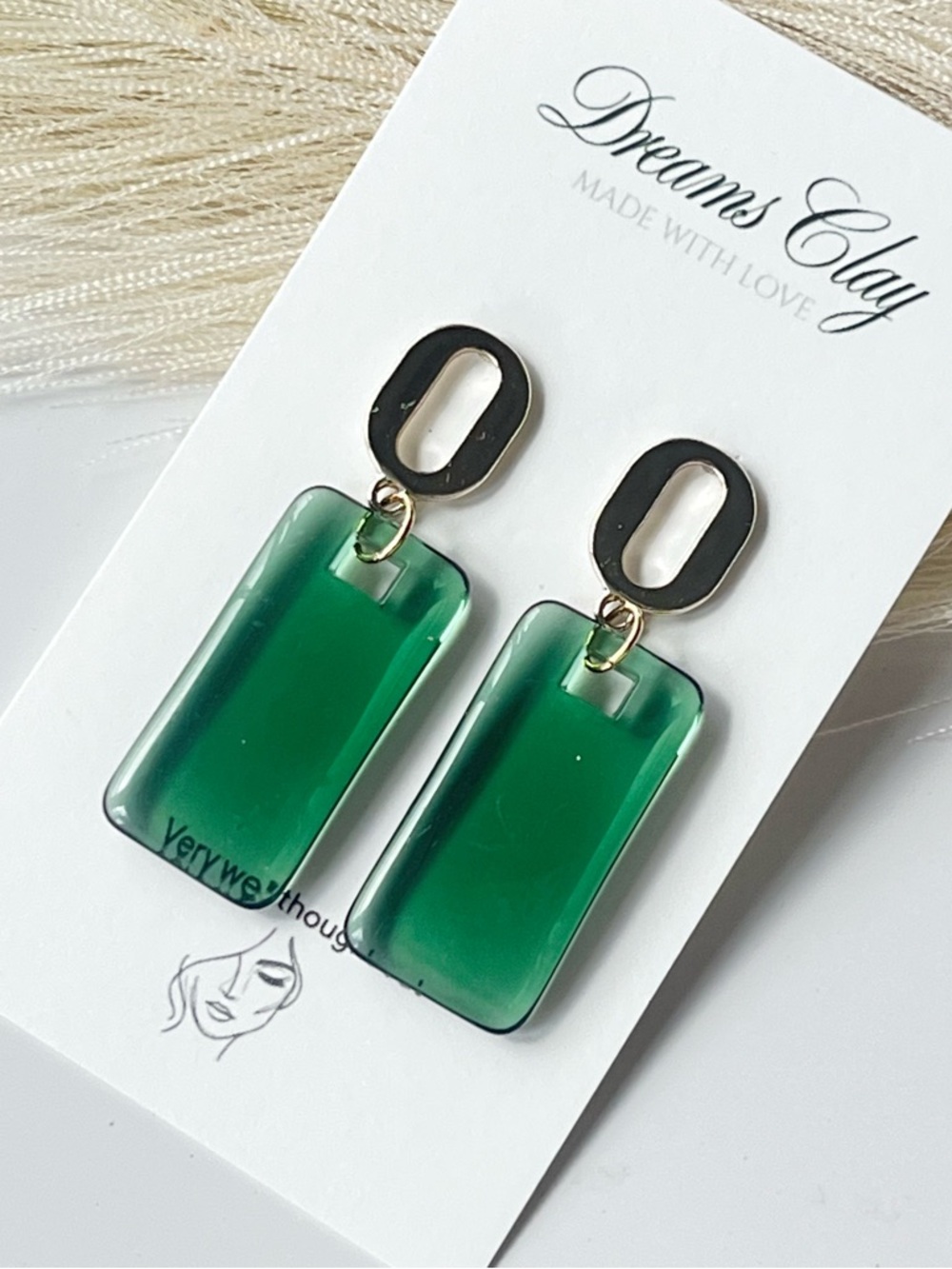 Green Resin Rectangular Drop Earrings